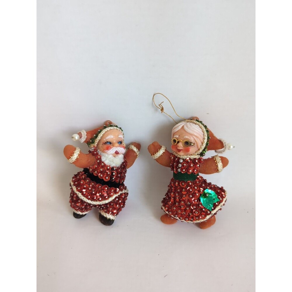 Santa & Mrs Beaded Push Pin Flocked Christmas Ornaments Figures Vtg MCM